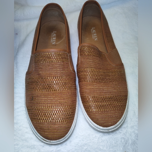 Ralph Lauren Women's 9.5B Brown Straw Sneaker Loafer Gold Logo Shoes Flats - Picture 1 of 10